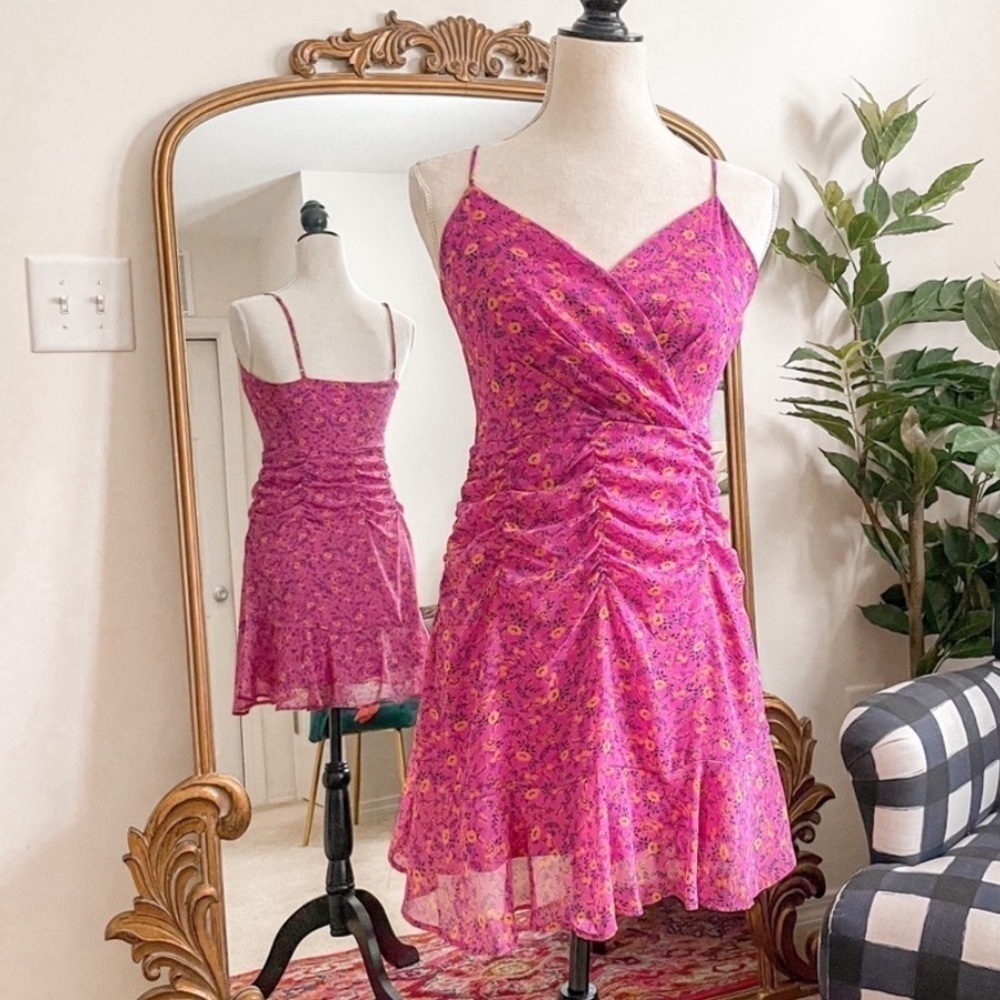 New All in Favor Surplice Ruched Waist Cami Floral Mini Dress